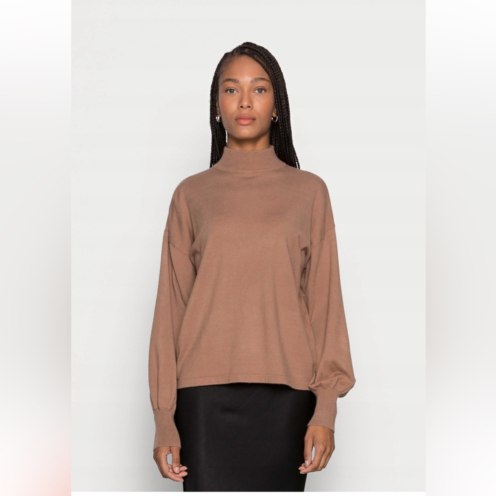 Minimalist Camel Brown Mock Neck Sweater Balloon Sleeves Lascana 12/14